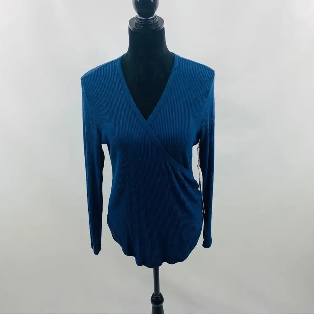Caslon Dark Blue Faux Wrap V Neck Ribbed Tee - Picture 5 of 10